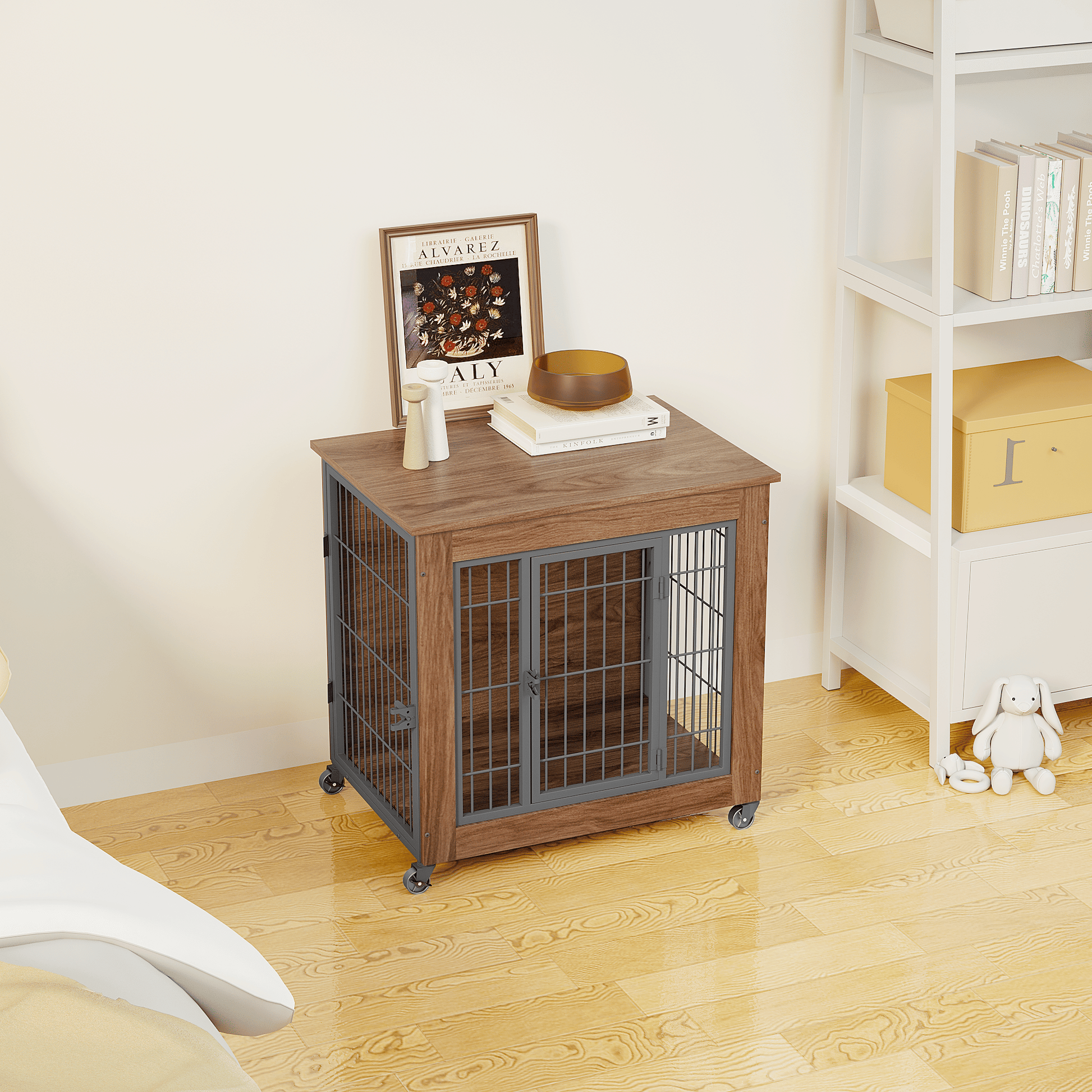 27.2" Dog Crate Furniture with Wheels for Small Dogs, Heavy Duty