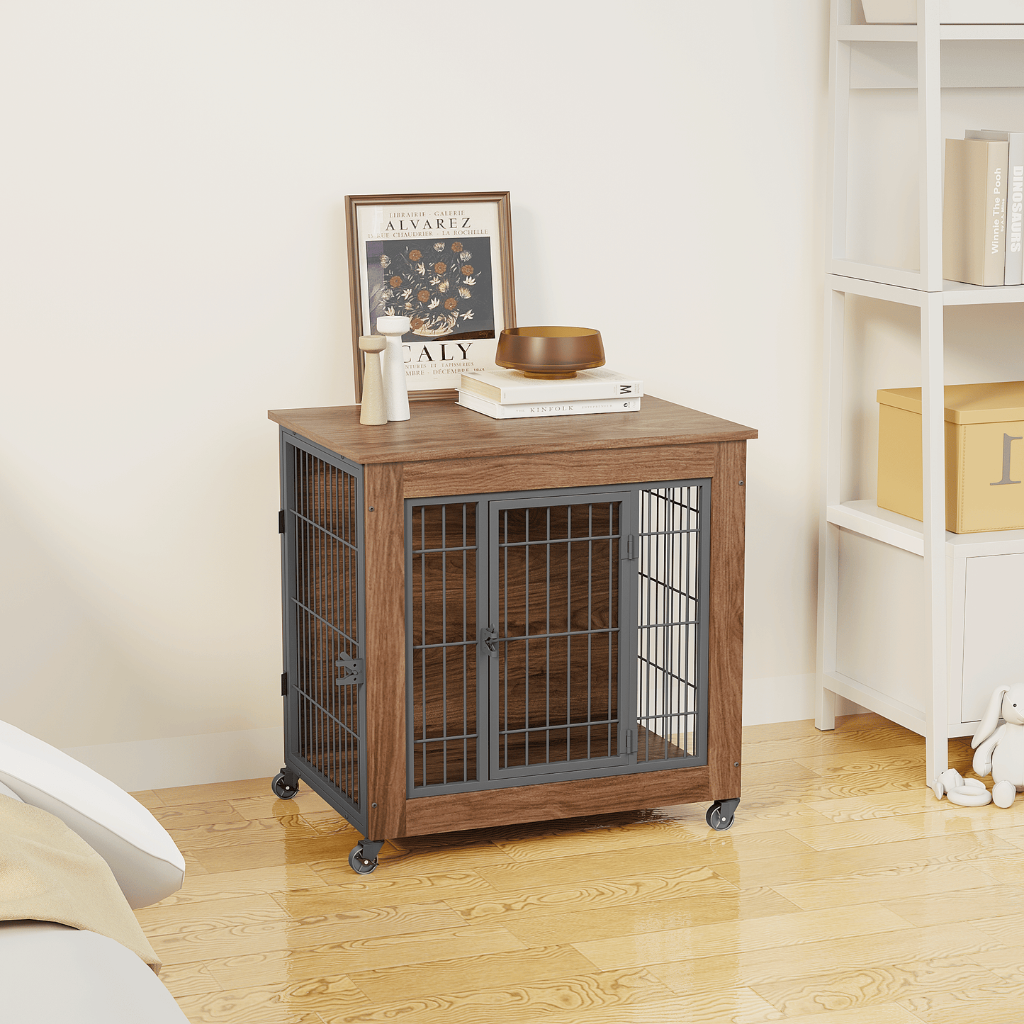 27.2" Dog Crate Furniture with Wheels for Small Dogs, Heavy Duty
