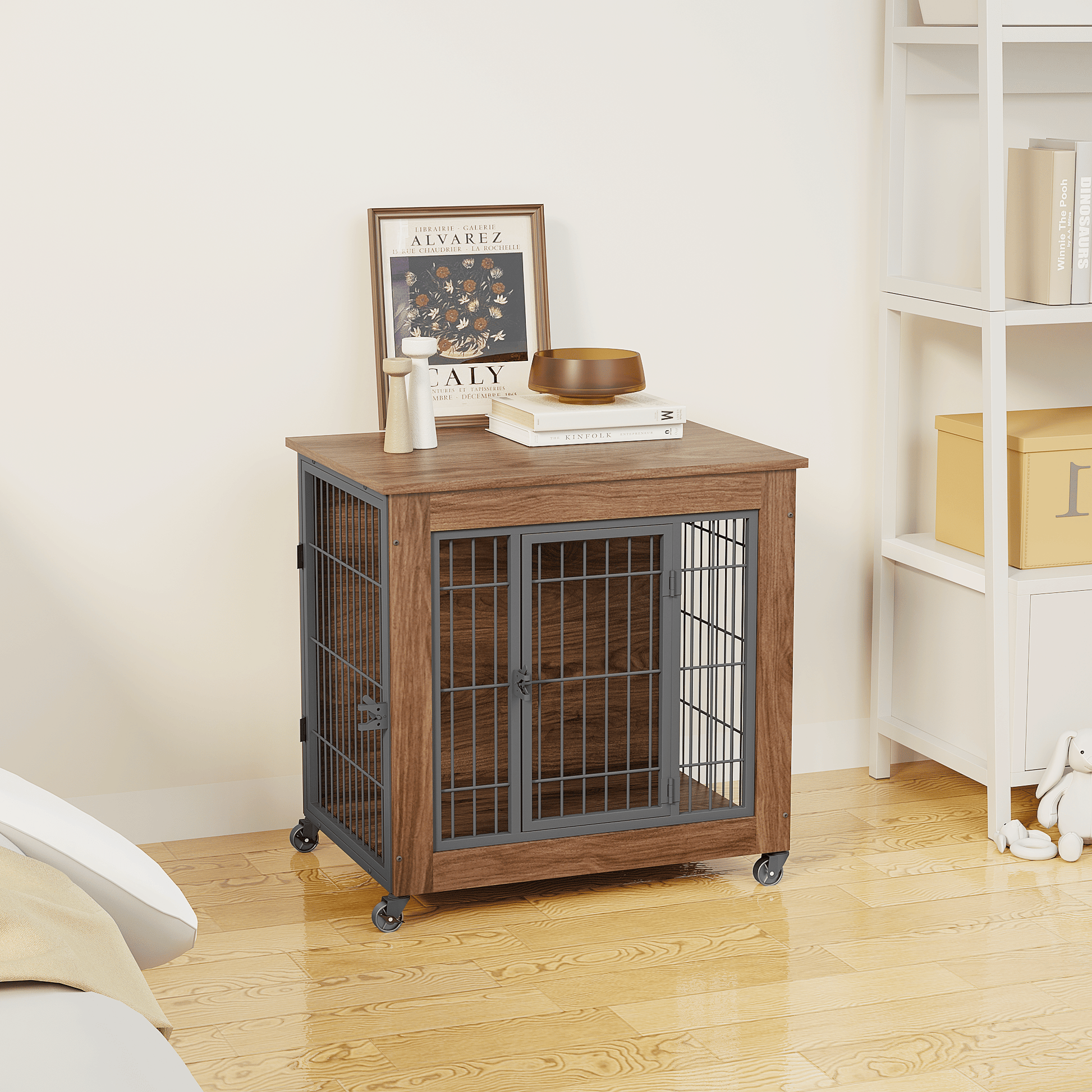 27.2" Dog Crate Furniture with Wheels for Small Dogs, Heavy Duty