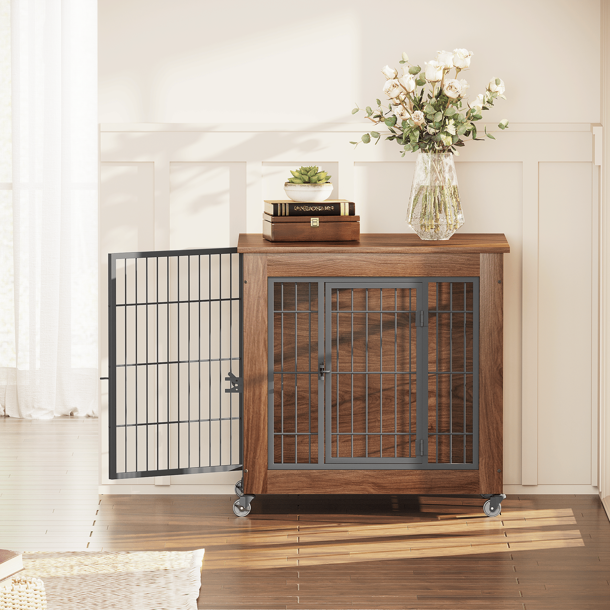27.2" Dog Crate Furniture with Wheels for Small Dogs, Heavy Duty