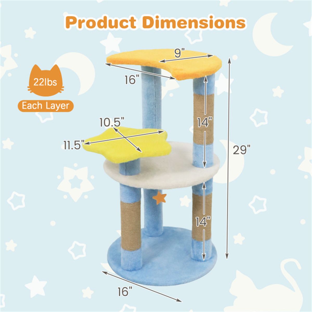 29" Moon & Star Cat Tree with 4 Levels, Jute Scratching Posts &