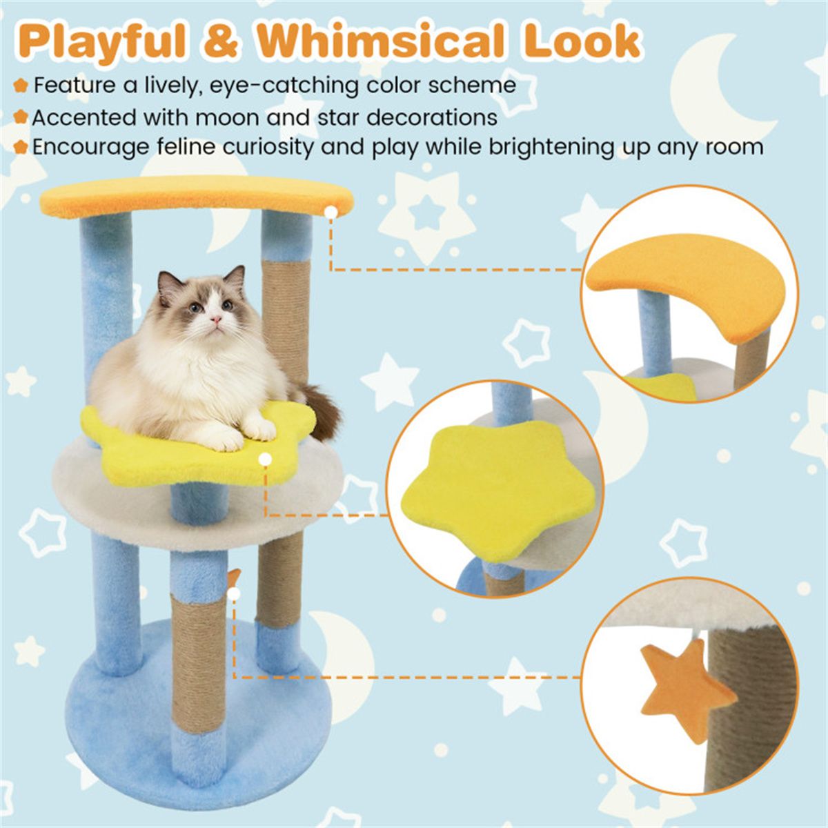 29" Moon & Star Cat Tree with 4 Levels, Jute Scratching Posts &