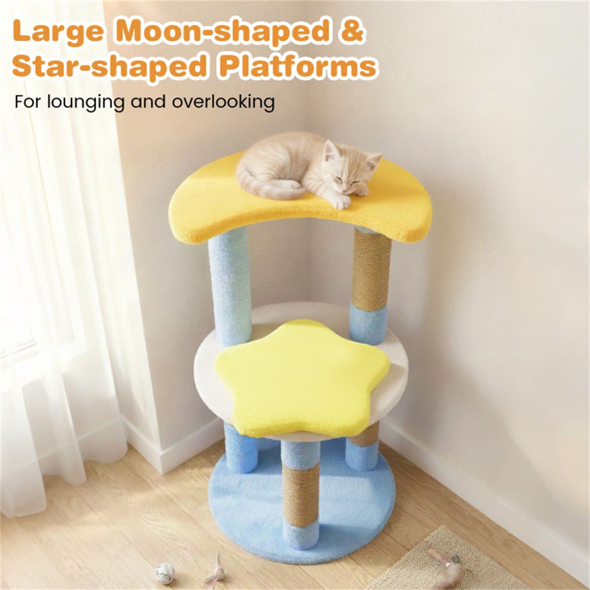 29" Moon & Star Cat Tree with 4 Levels, Jute Scratching Posts &