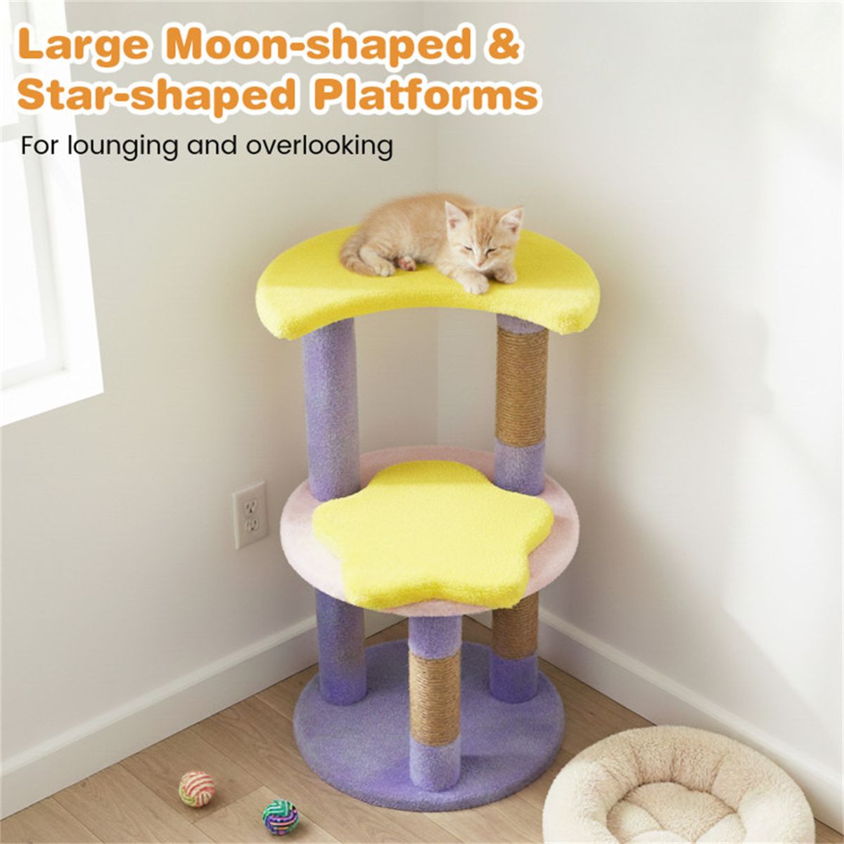 29" Moon & Star Cat Tree with 4 Levels, Jute Scratching Posts &