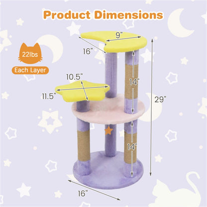 29" Moon & Star Cat Tree with 4 Levels, Jute Scratching Posts &