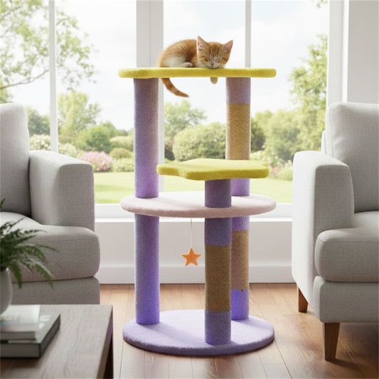 29" Moon & Star Cat Tree with 4 Levels, Jute Scratching Posts &