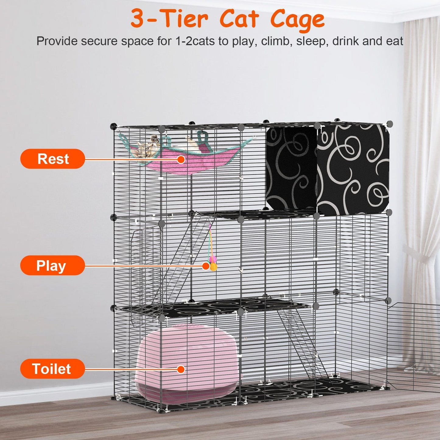 3-Tier Cat Cage Enclosure Indoor Cat Cage Playpen with Hammock Toy