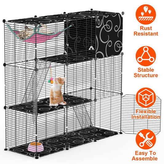 3-Tier Cat Cage Enclosure Indoor Cat Cage Playpen with Hammock Toy