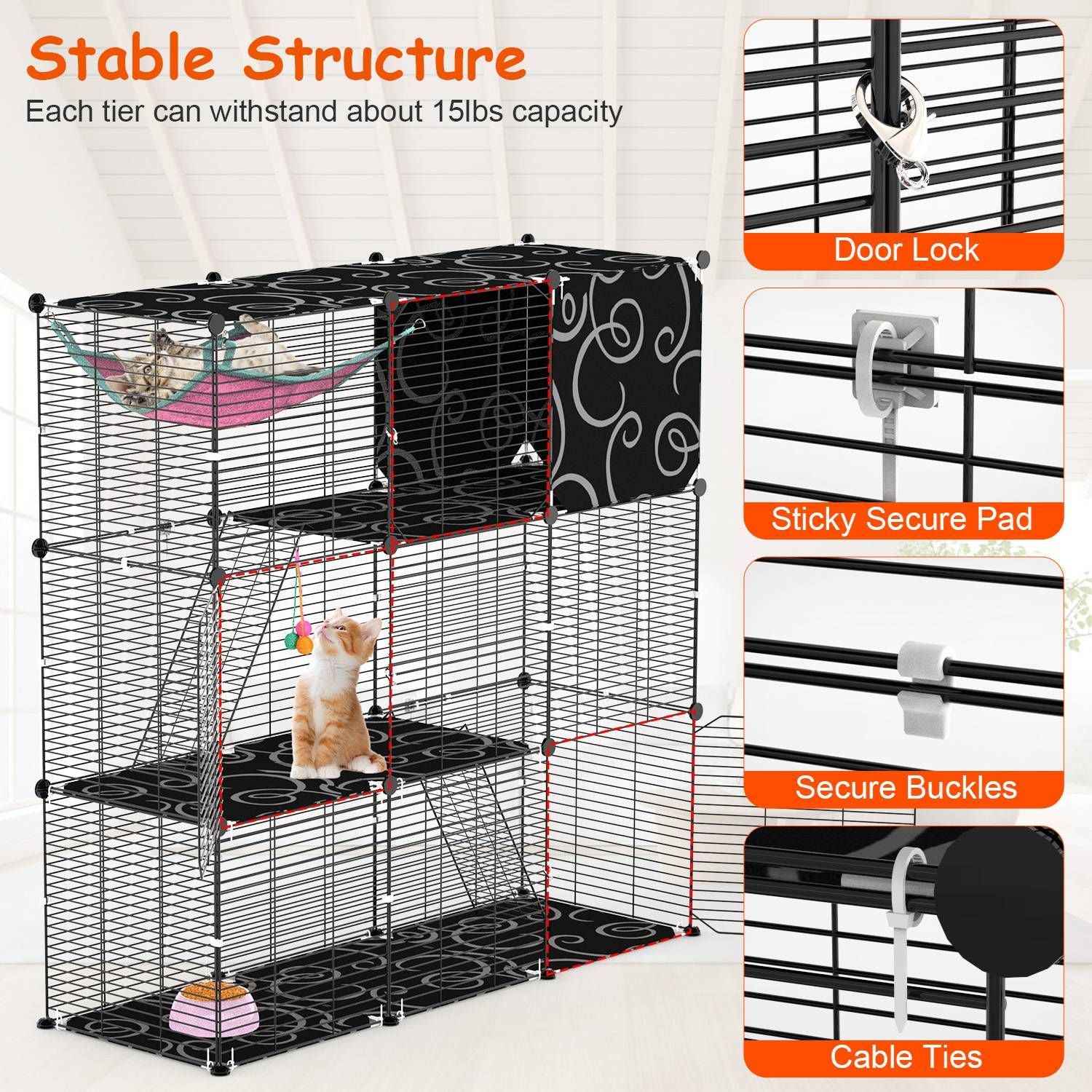 3-Tier Cat Cage Enclosure Indoor Cat Cage Playpen with Hammock Toy