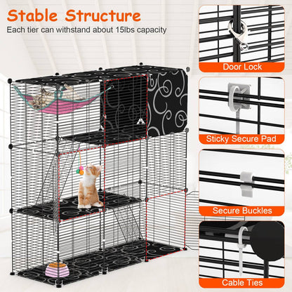 3-Tier Cat Cage Enclosure Indoor Cat Cage Playpen with Hammock Toy