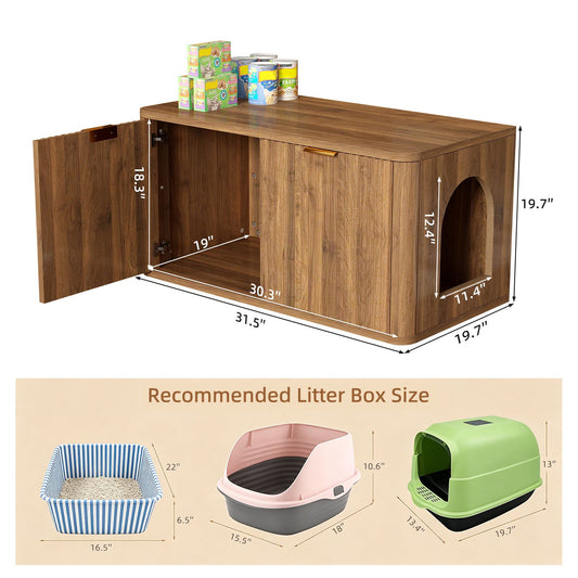 31.5" Walnut Cat Litter Box Enclosure Furniture, Large Decorative
