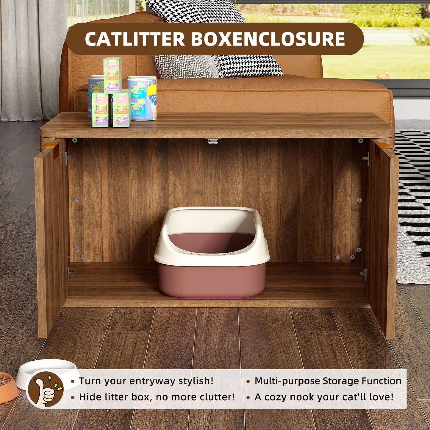 31.5" Walnut Cat Litter Box Enclosure Furniture, Large Decorative