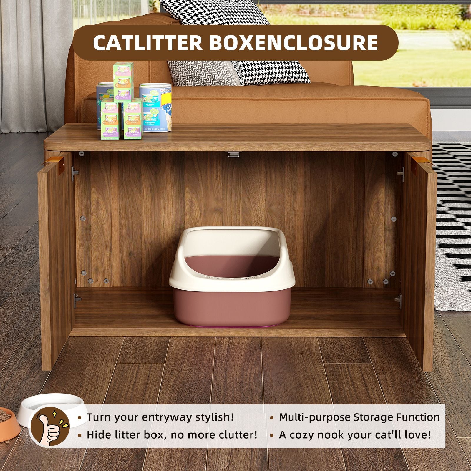 31.5" Walnut Cat Litter Box Enclosure Furniture, Large Decorative