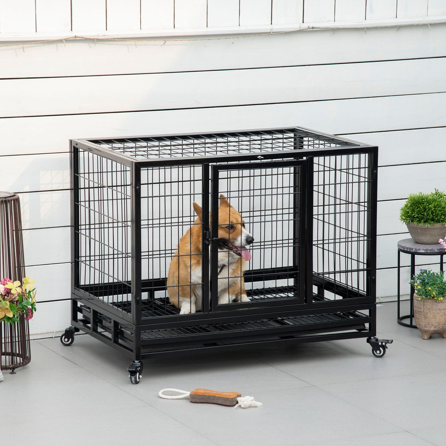 36" Heavy Duty Dog Crate with Removable Tray, Lockable Wheels