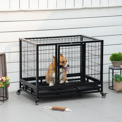 36" Heavy Duty Dog Crate with Removable Tray, Lockable Wheels