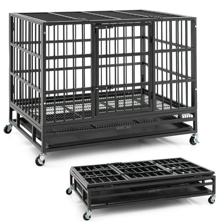 Inch Foldable Heavy-Duty Metal Dog Cage with Lockable Rolling