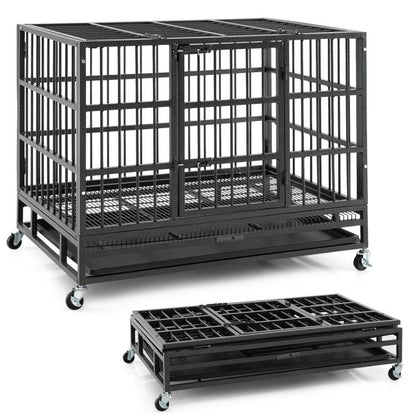 Inch Foldable Heavy-Duty Metal Dog Cage with Lockable Rolling