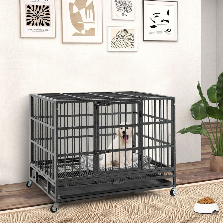 Inch Foldable Heavy-Duty Metal Dog Cage with Lockable Rolling