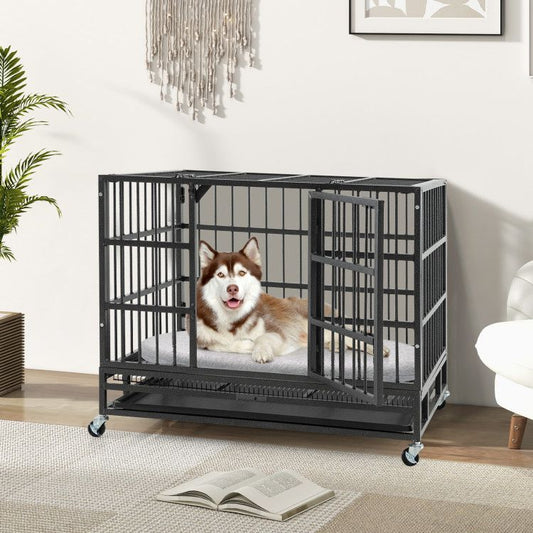 Inch Foldable Heavy-Duty Metal Dog Cage with Lockable Rolling