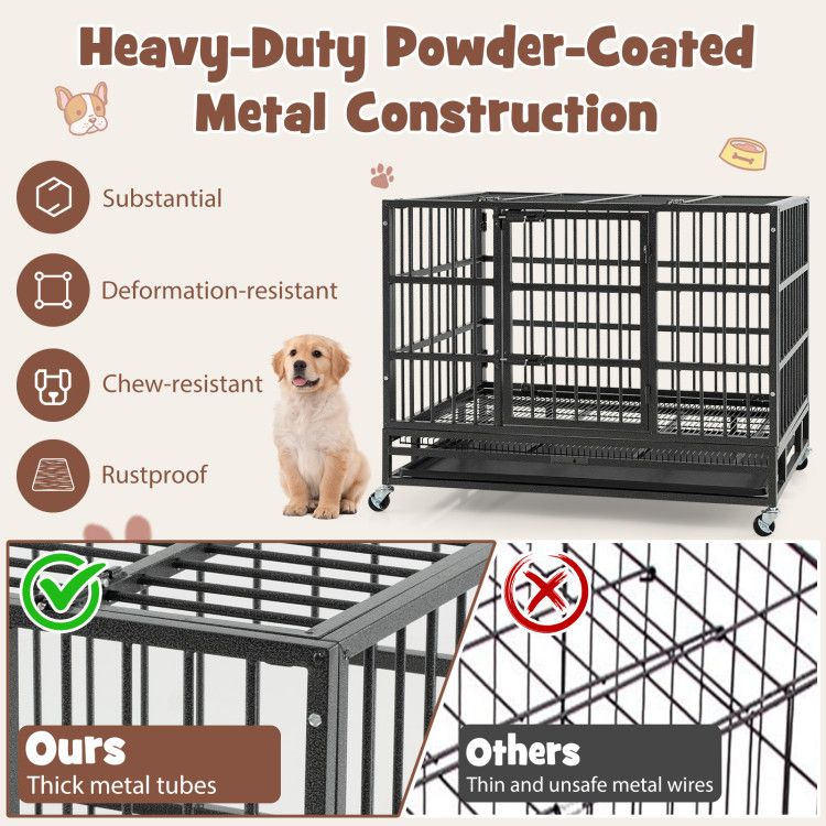 Inch Foldable Heavy-Duty Metal Dog Cage with Lockable Rolling
