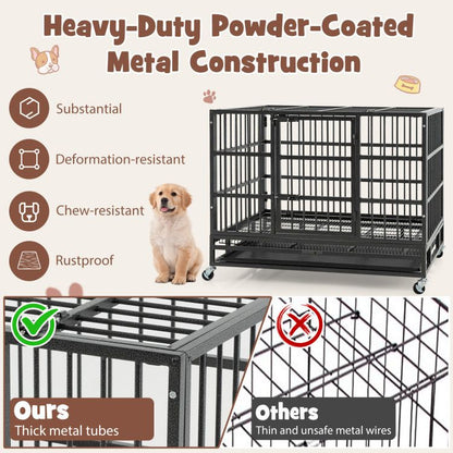 Inch Foldable Heavy-Duty Metal Dog Cage with Lockable Rolling
