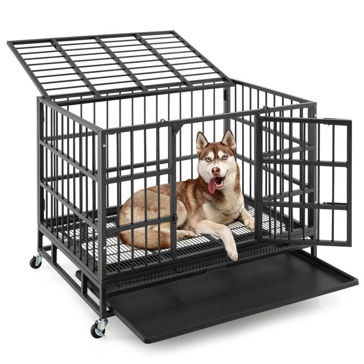 Inch Foldable Heavy-Duty Metal Dog Cage with Lockable Rolling