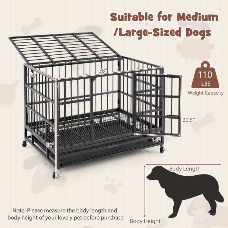 Inch Foldable Heavy-Duty Metal Dog Cage with Lockable Rolling