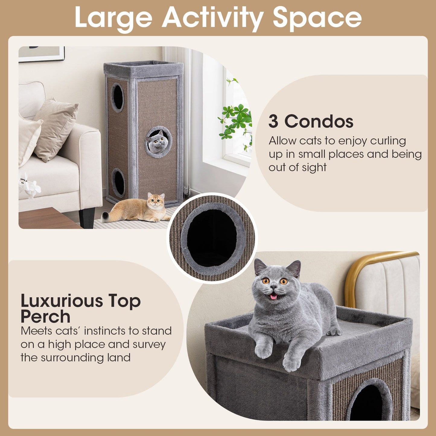 Inch Tall Cat Condo with Scratching Posts and 3 Hideaways and 4