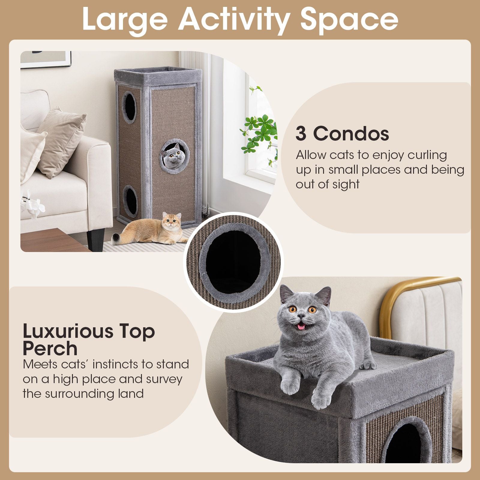 Inch Tall Cat Condo with Scratching Posts and 3 Hideaways and 4
