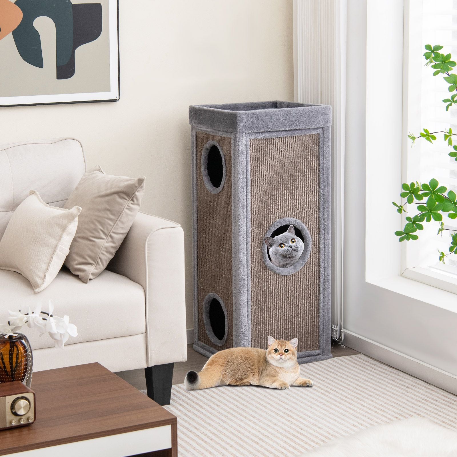 Inch Tall Cat Condo with Scratching Posts and 3 Hideaways and 4