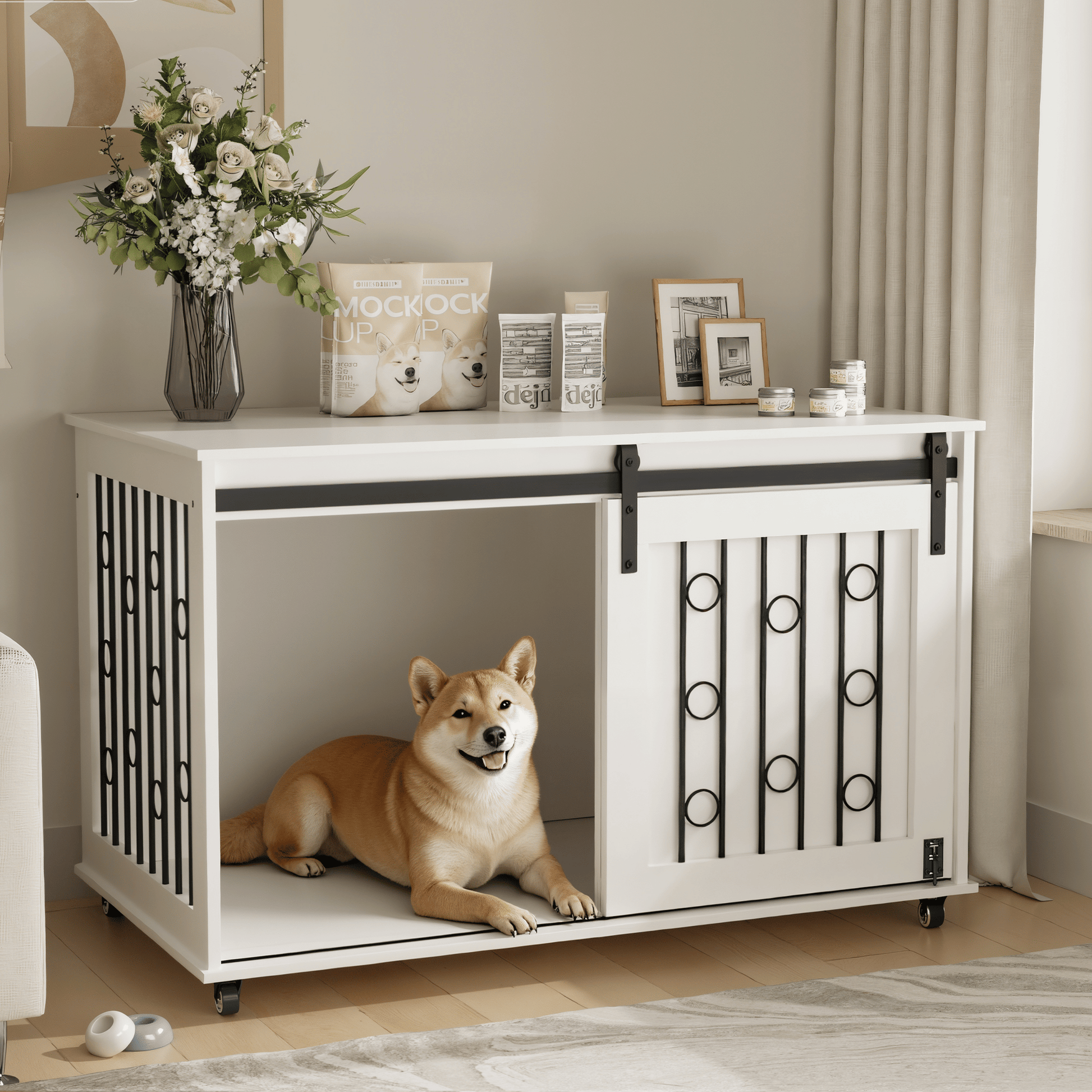 39.37'' Modern Wooden Dog Crate Furniture with Sliding Barn Door