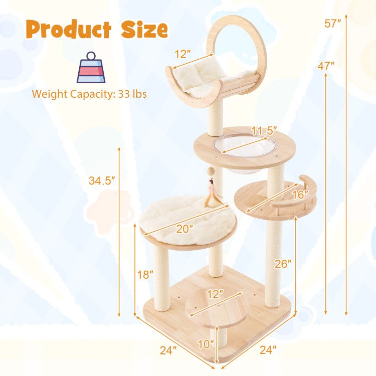 4-in-1 Large Wooden Cat Tower with Space Capsule Nest for Indoor