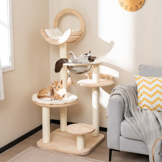 4-in-1 Large Wooden Cat Tower with Space Capsule Nest for Indoor