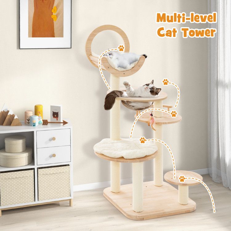 4-in-1 Large Wooden Cat Tower with Space Capsule Nest for Indoor