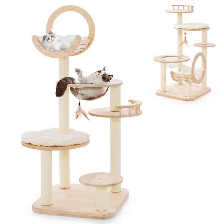 4-in-1 Large Wooden Cat Tower with Space Capsule Nest for Indoor
