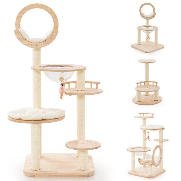 4-in-1 Large Wooden Cat Tower with Space Capsule Nest for Indoor