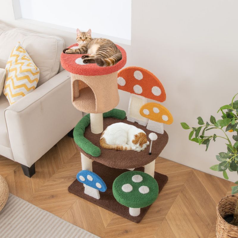 4-in-1 Mushroom Cat Tree with Condo Spring Ball and Sisal Posts