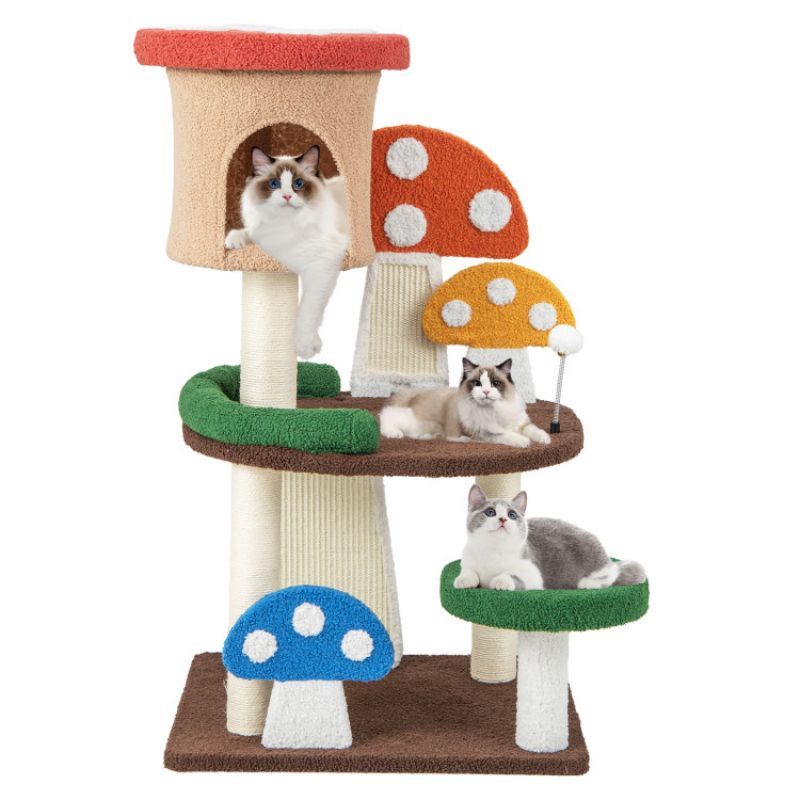 4-in-1 Mushroom Cat Tree with Condo Spring Ball and Sisal Posts