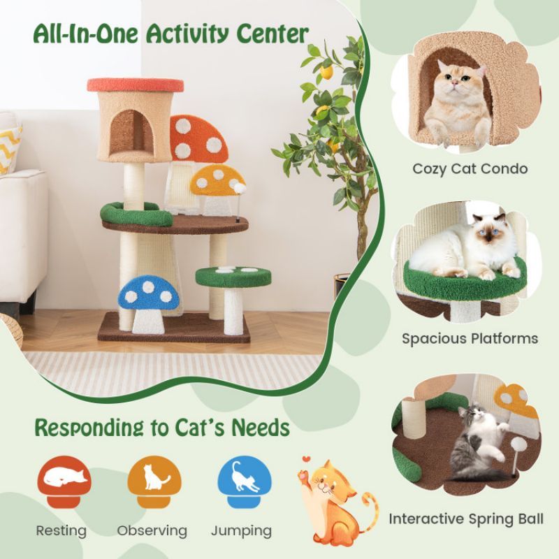 4-in-1 Mushroom Cat Tree with Condo Spring Ball and Sisal Posts