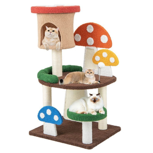 4-in-1 Mushroom Cat Tree with Condo Spring Ball and Sisal Posts