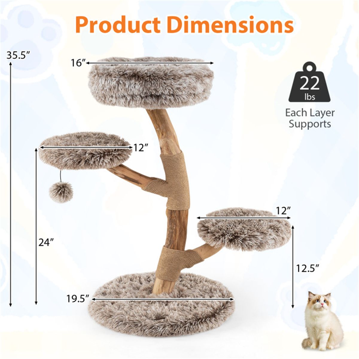 4-Level Natural Pear Wood Cat Tree - 19.5, Jute Scratch Posts +