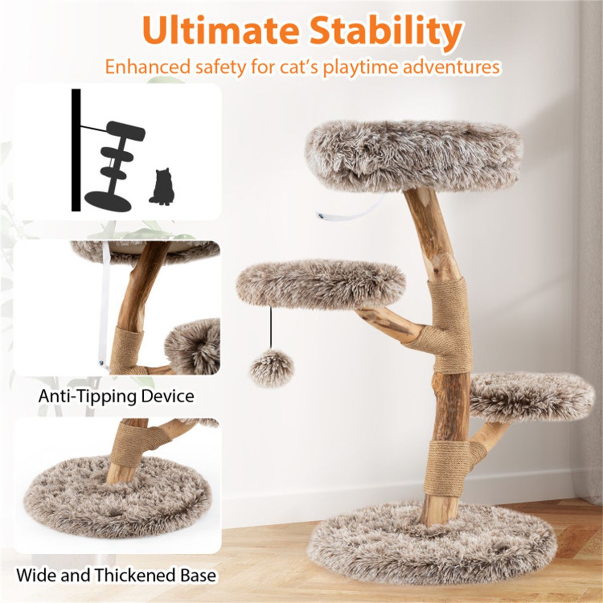 4-Level Natural Pear Wood Cat Tree - 19.5, Jute Scratch Posts +
