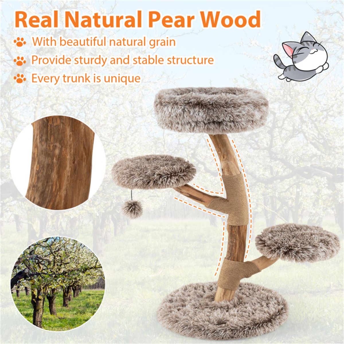 4-Level Natural Pear Wood Cat Tree - 19.5, Jute Scratch Posts +