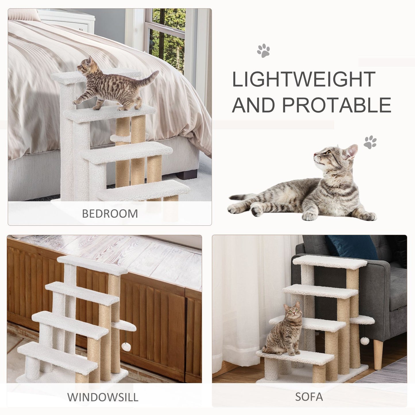 Levels Cat Steps with Scratching Posts for High Bed, Sofa, White