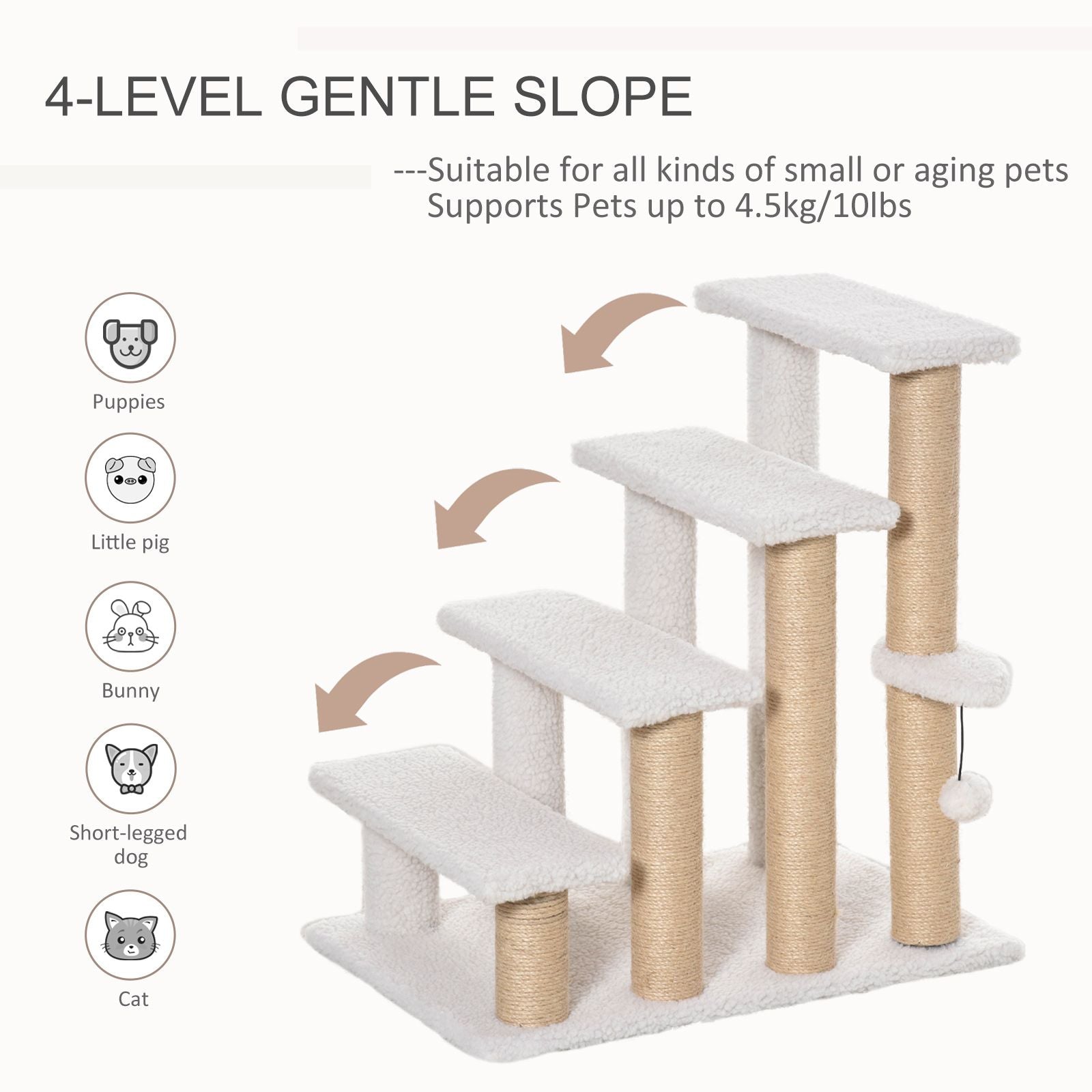 Levels Cat Steps with Scratching Posts for High Bed, Sofa, White