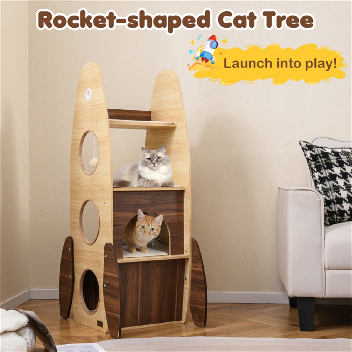 4-Tier Rocket Shape Cat Tree with 2-Tier Condo Sisal Scratch Pad