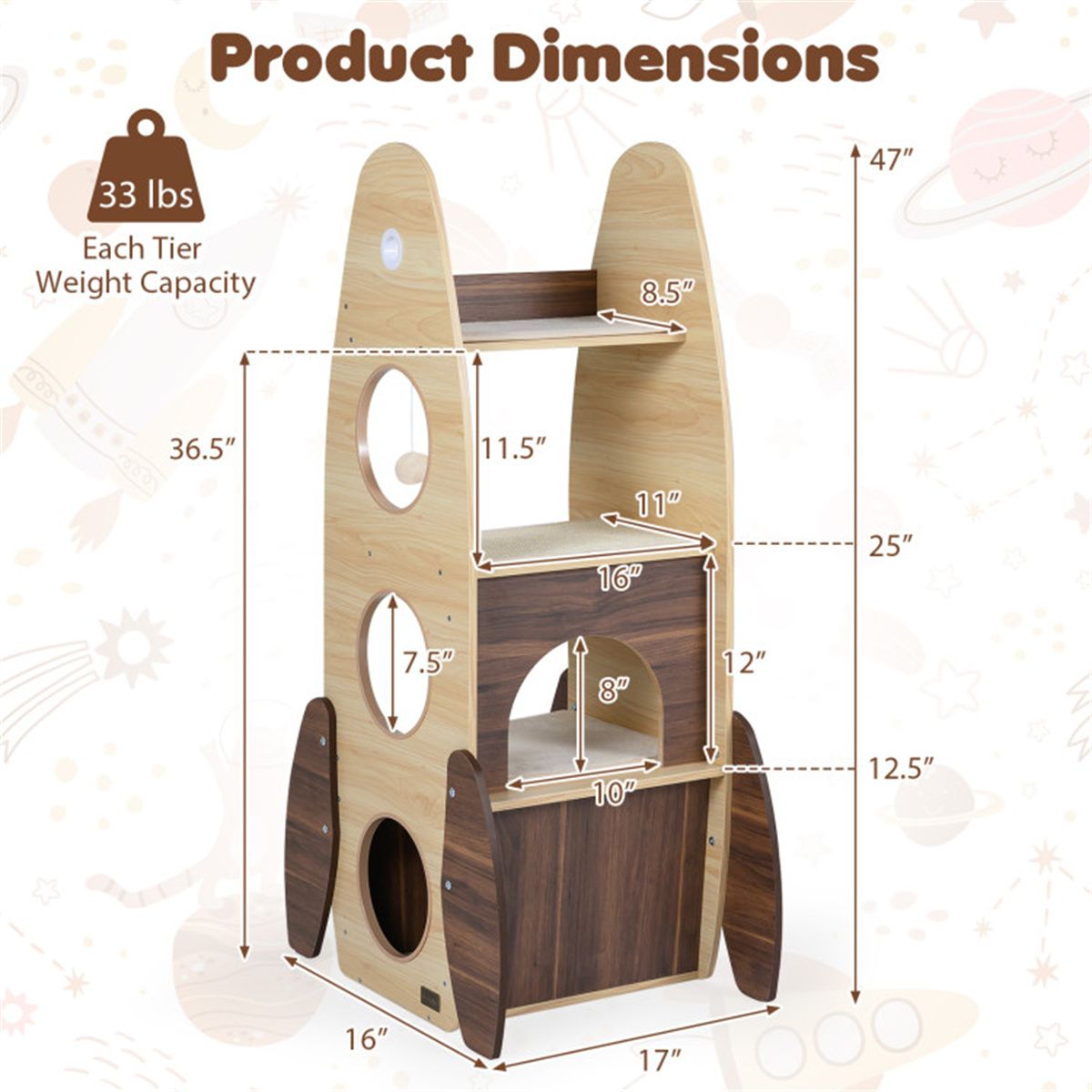 4-Tier Rocket Shape Cat Tree with 2-Tier Condo Sisal Scratch Pad
