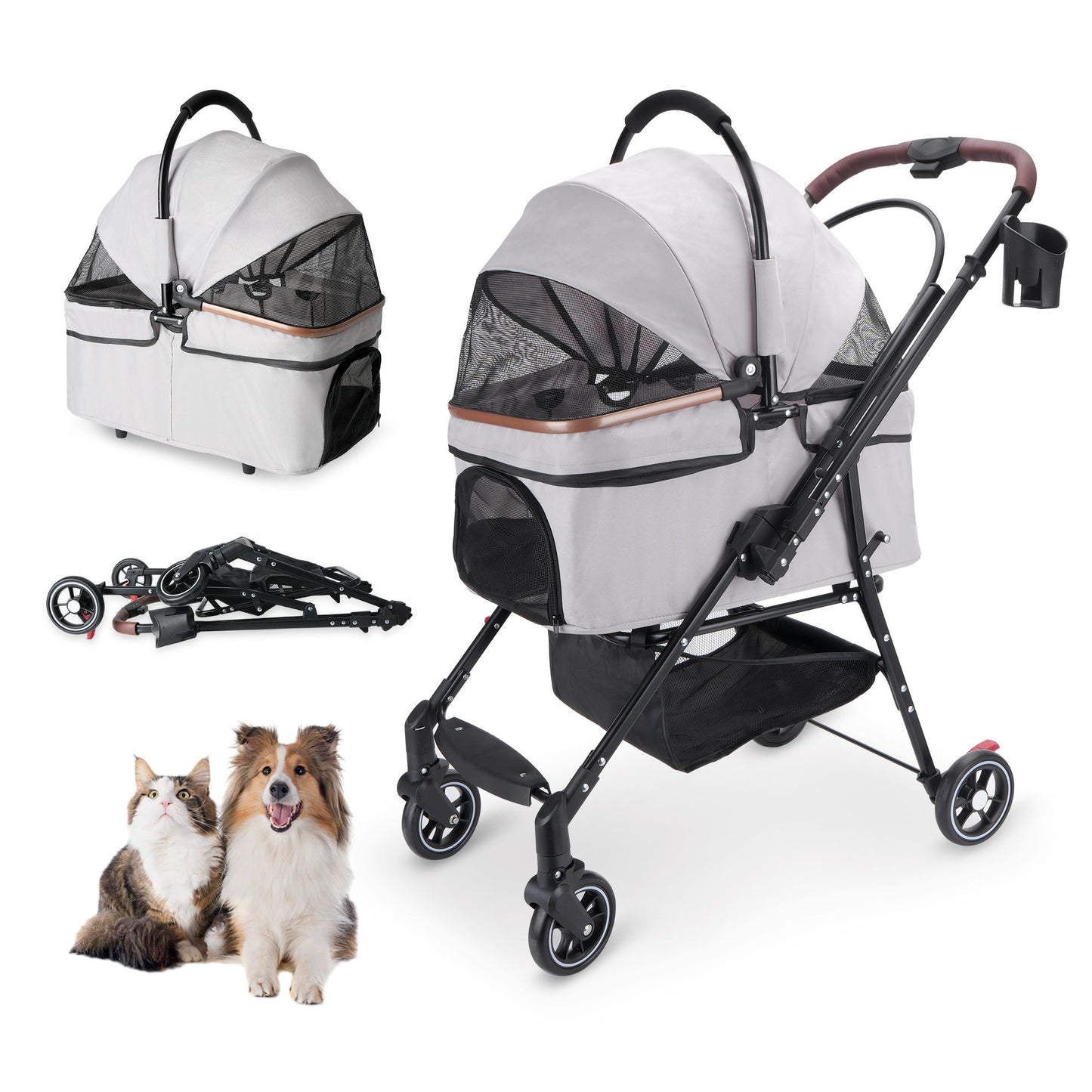 4-Wheel Foldable Pet Stroller for Dogs & Cats 360° Rotating Wheels