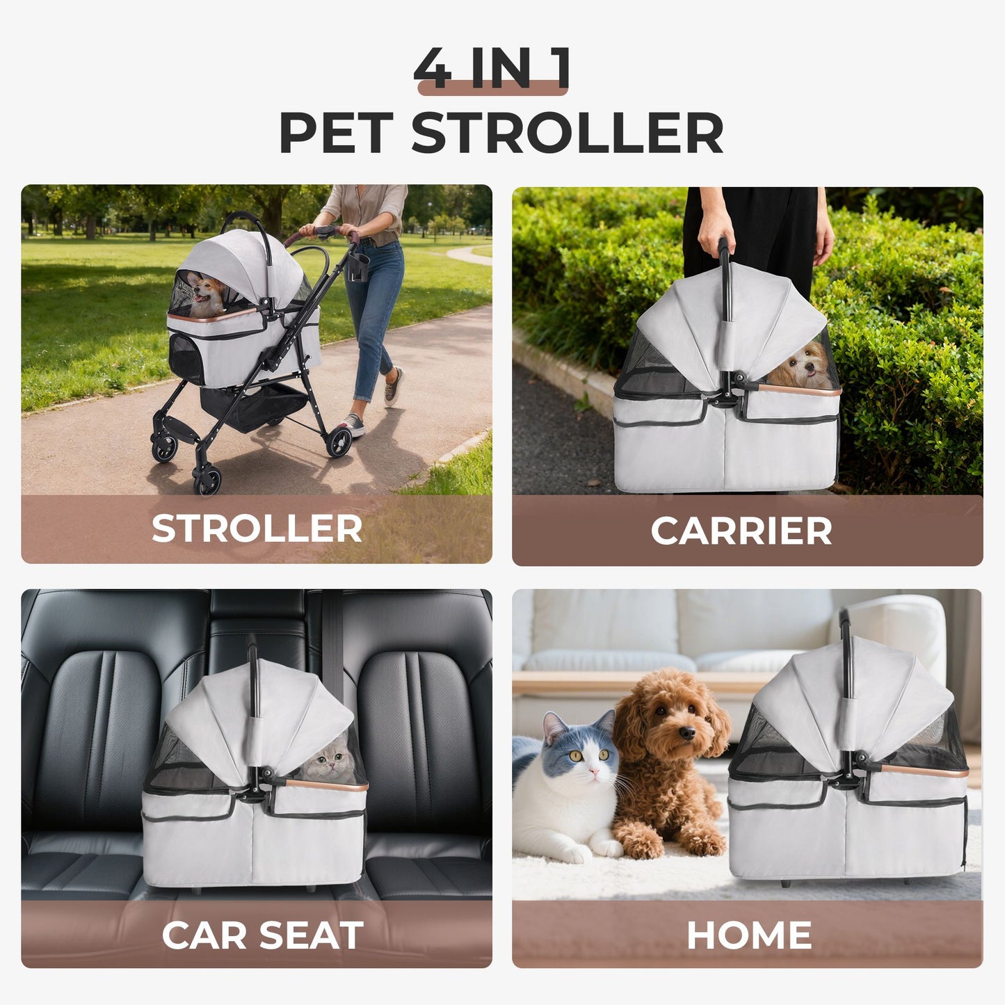 4-Wheel Foldable Pet Stroller for Dogs & Cats 360° Rotating Wheels