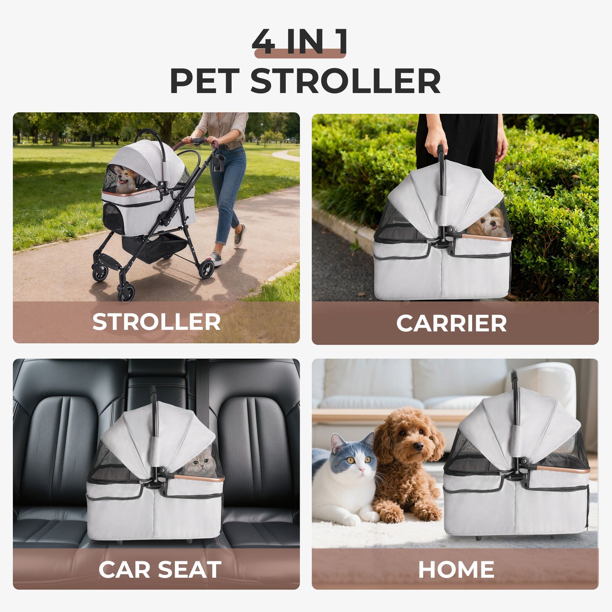 4-Wheel Foldable Pet Stroller for Dogs & Cats 360° Rotating Wheels